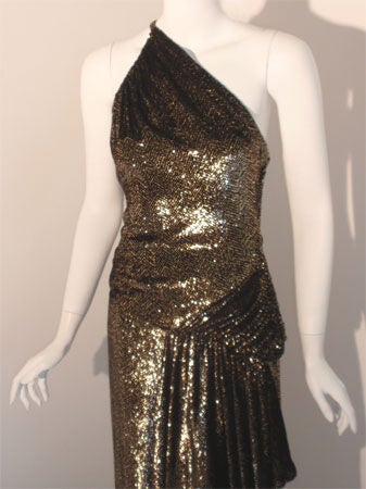 Vicky Tiel Black and Gold One Shoulder Velvet Gown with High Low Hem, C. 1980's 1