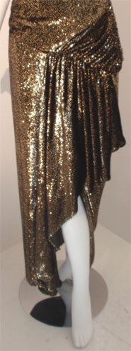 Vicky Tiel Black and Gold One Shoulder Velvet Gown with High Low Hem, C. 1980's 2