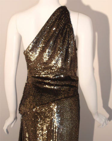Vicky Tiel Black and Gold One Shoulder Velvet Gown with High Low Hem, C. 1980's 3