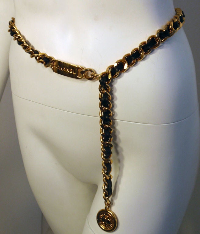 Chanel Black Leather Woven into Gold Chain 