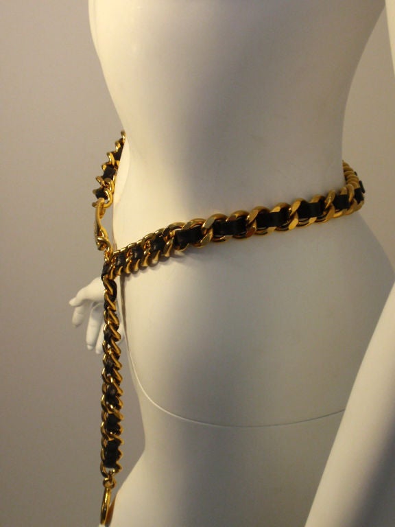 Women's Chanel Black Leather Woven into Gold Chain 