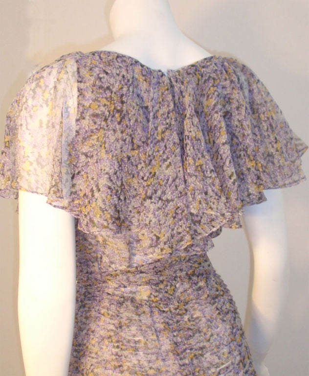 Women's Valentino Boutique Lavender Silk Chiffon Water Color Floral Dress, Circa 1980