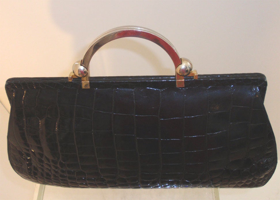 Cesare Piccini Vintage Black Crocodile Handbag, Circa 1950 at 1stdibs