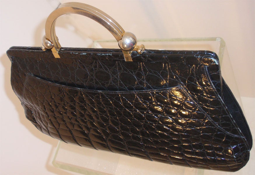 Cesare Piccini Vintage Black Crocodile Handbag, Circa 1950 1