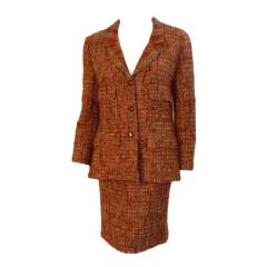 Vintage Chanel 2pc Orange Tweed Jacket and Skirt Set, Circa 1990