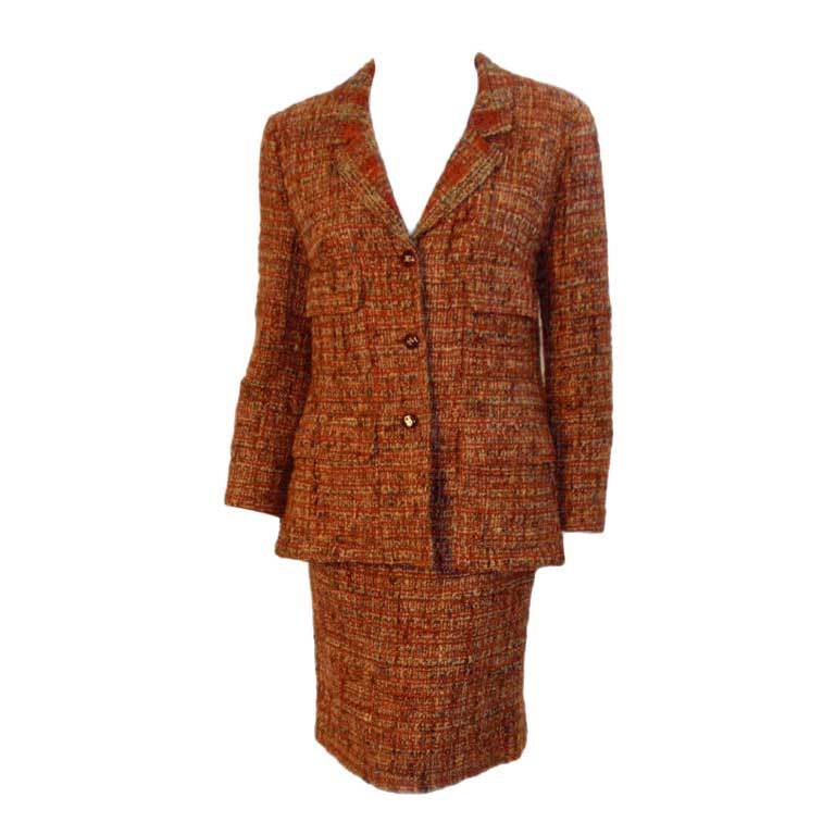 Chanel 2pc Orange Tweed Jacket and Skirt Set, Circa 1990