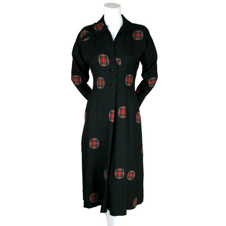 Adrian 1940's Wool Dress with Tartan Patches