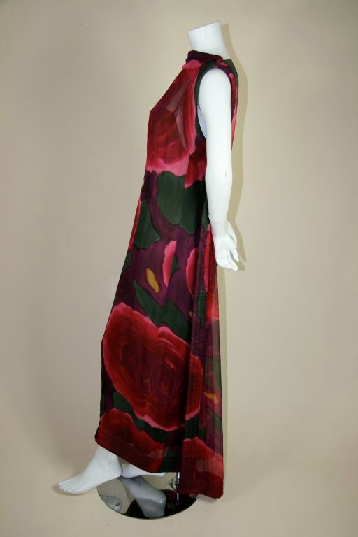 Pauline Trigere 1960s Silk Floral Print Gown with Cape In Excellent Condition For Sale In Los Angeles, CA