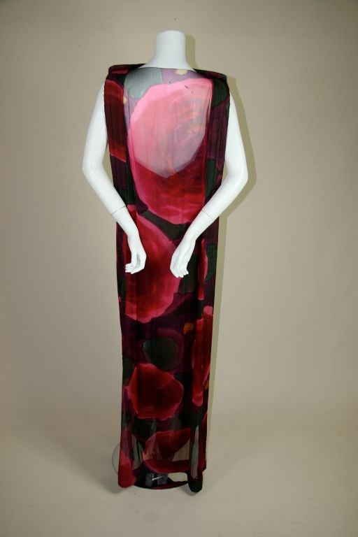 Pauline Trigere 1960s Silk Floral Print Gown with Cape For Sale 1