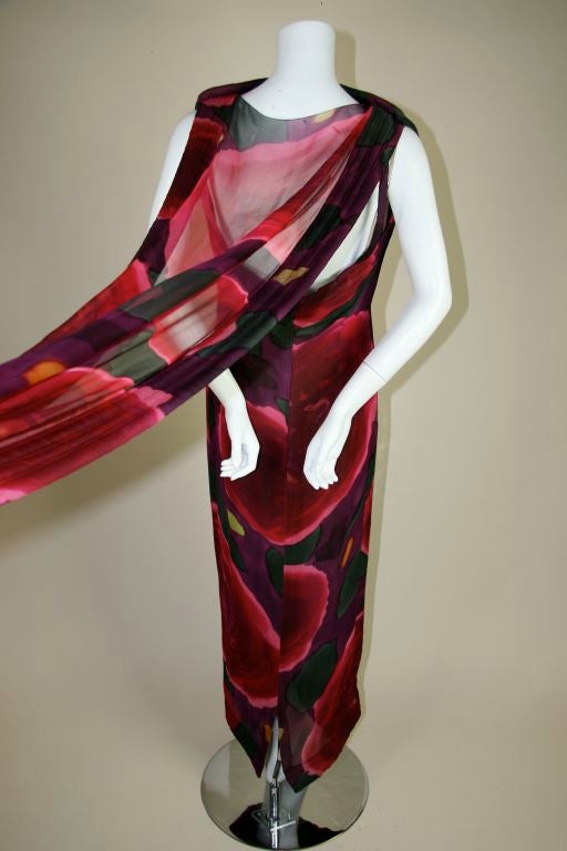 Pauline Trigere 1960s Silk Floral Print Gown with Cape For Sale 3