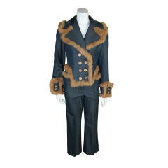 Vintage Galliano Denim Suit with Fur Trim