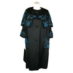 Vintage 1950s Black Satin Coat with Blue Beaded Embroidery