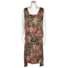 1920s French Silk Lamé Grey, Red, Pink Floral Dress