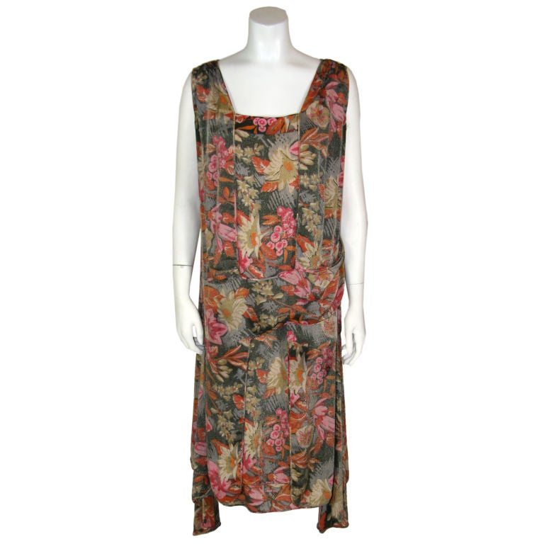 1920s French Silk Lamé Grey, Red, Pink Floral Dress For Sale