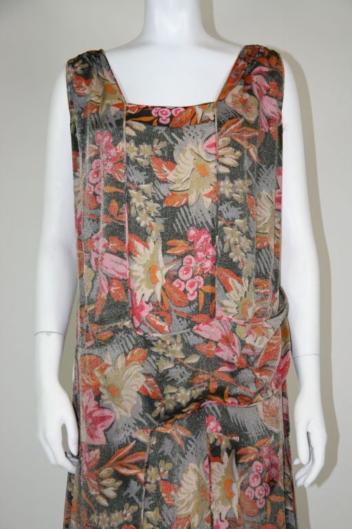 1920s French Silk Lamé Grey, Red, Pink Floral Dress