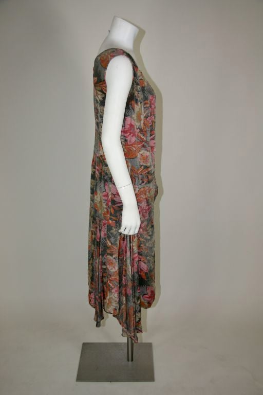 Brown 1920s French Silk Lamé Grey, Red, Pink Floral Dress For Sale