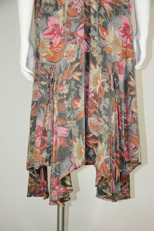 Women's 1920s French Silk Lamé Grey, Red, Pink Floral Dress For Sale