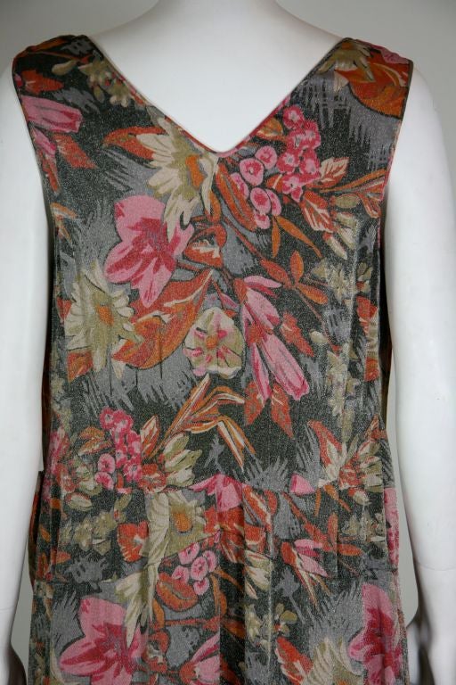 1920s French Silk Lamé Grey, Red, Pink Floral Dress For Sale 1