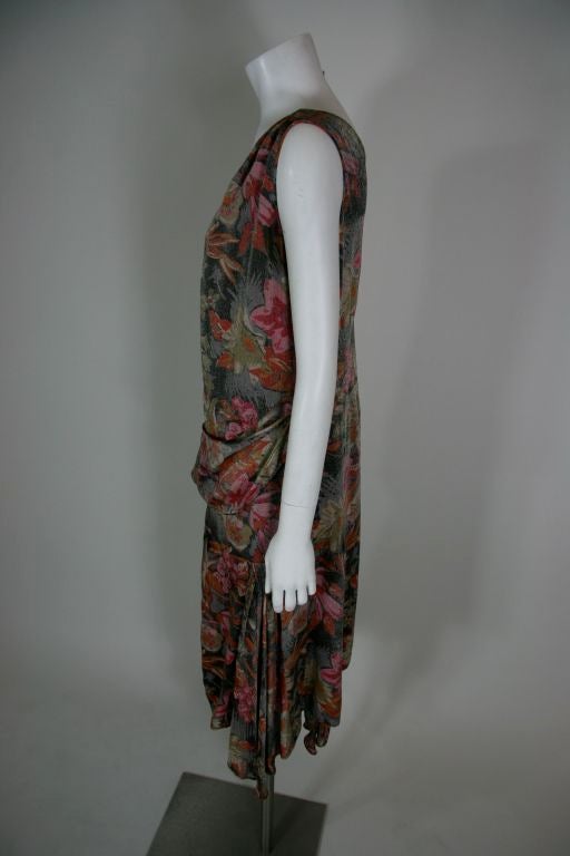 1920s French Silk Lamé Grey, Red, Pink Floral Dress For Sale 2