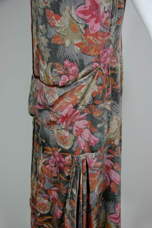 1920s French Silk Lamé Grey, Red, Pink Floral Dress For Sale 3