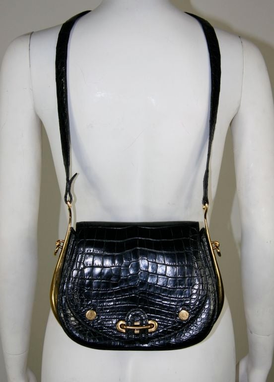 Hermes Black Croc Handbag with Brass Hardware