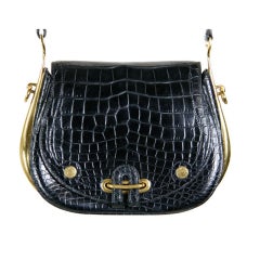 Hermes Black Croc Handbag with Brass Hardware