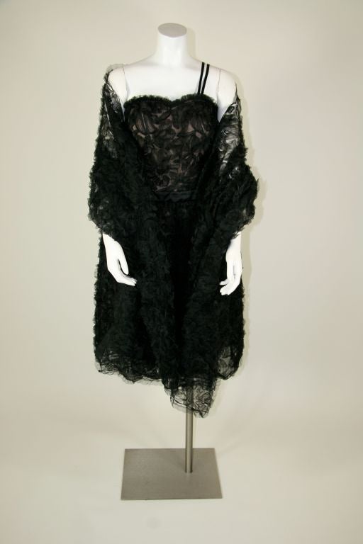 Christian Dior 1960s Black Tulle Soutache Cocktail Dress with Shawl For Sale 1