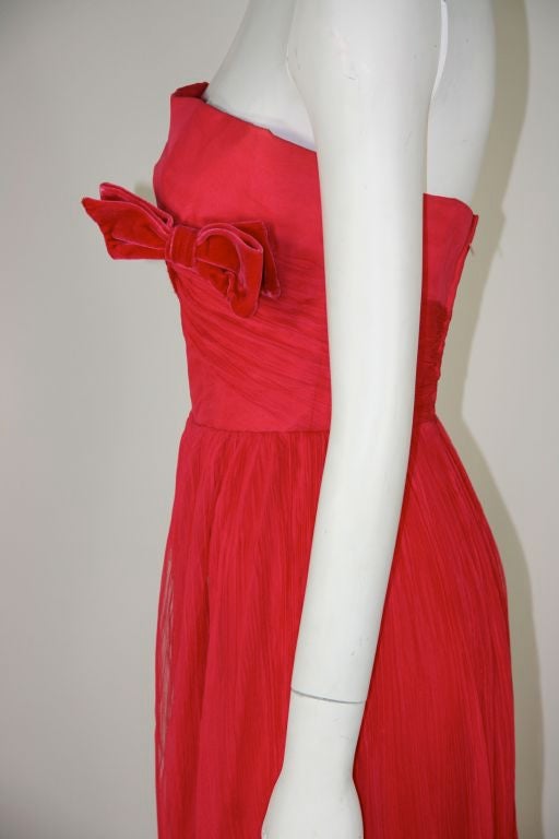1950s Pink Perm-a-pleat Chiffon Cockatil Gown w/ Fur Lined Wrap 2