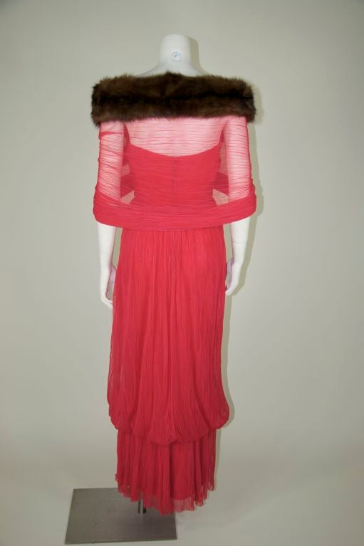 1950s Pink Perm-a-pleat Chiffon Cockatil Gown w/ Fur Lined Wrap 4