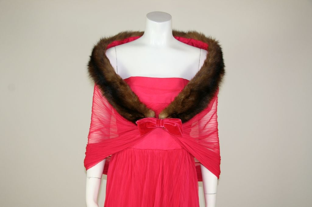1950s Pink Perm-a-pleat Chiffon Cockatil Gown w/ Fur Lined Wrap 6