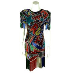 Fabrice Multi Colored Beaded Graffiti Cocktail Dress with Fringe