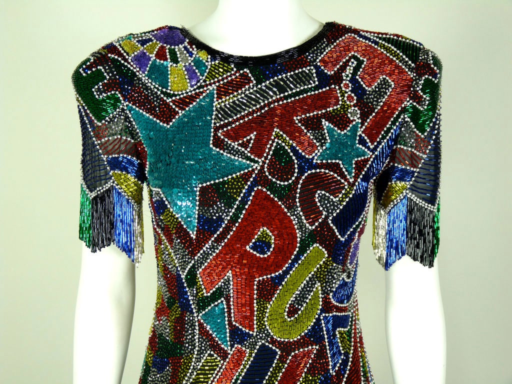 Fabrice Multi Colored Beaded Graffiti Cocktail Dress with Fringe 1