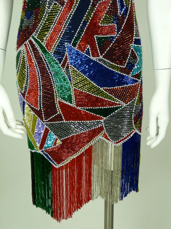 Fabrice Multi Colored Beaded Graffiti Cocktail Dress with Fringe 2