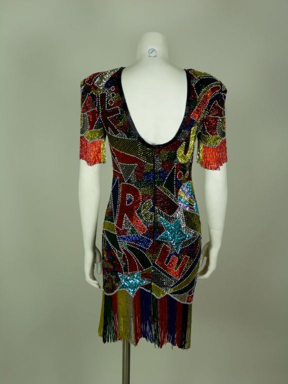 Fabrice Multi Colored Beaded Graffiti Cocktail Dress with Fringe 4