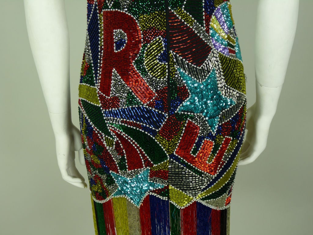 Fabrice Multi Colored Beaded Graffiti Cocktail Dress with Fringe 5