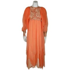 Vintage Peach Silk Chiffon Dress Late 1960's/ Early 1970s