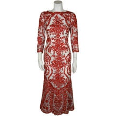 Oscar de la Renta White Organza Gown w/Red Embroidery