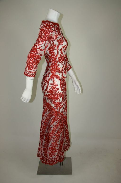 Oscar de la Renta White Organza Gown w/Red Embroidery 3