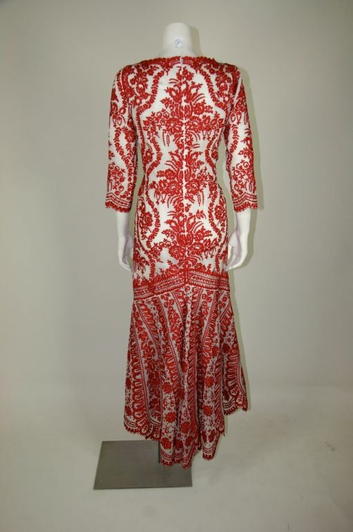 Oscar de la Renta White Organza Gown w/Red Embroidery 5