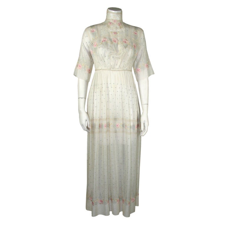 Edwardian Aesthetic Floral Embroidered White Dress with Crochet at 1stdibs