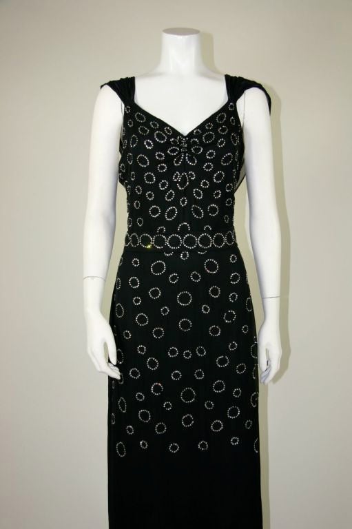 Women's 1930s Black Chiffon Gown and Scarf with Rhinestones.