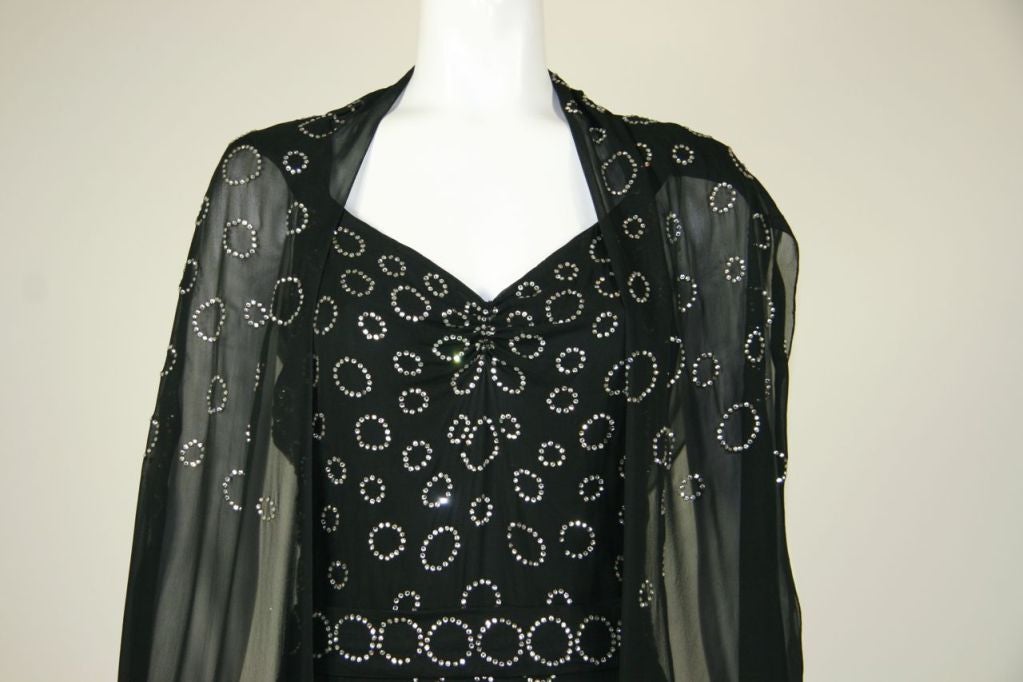 1930s Black Chiffon Gown and Scarf with Rhinestones. 3