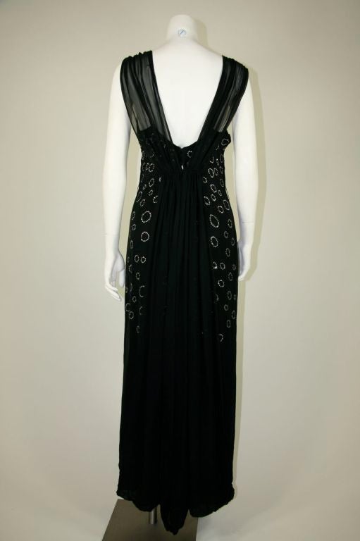 1930s Black Chiffon Gown and Scarf with Rhinestones. 5