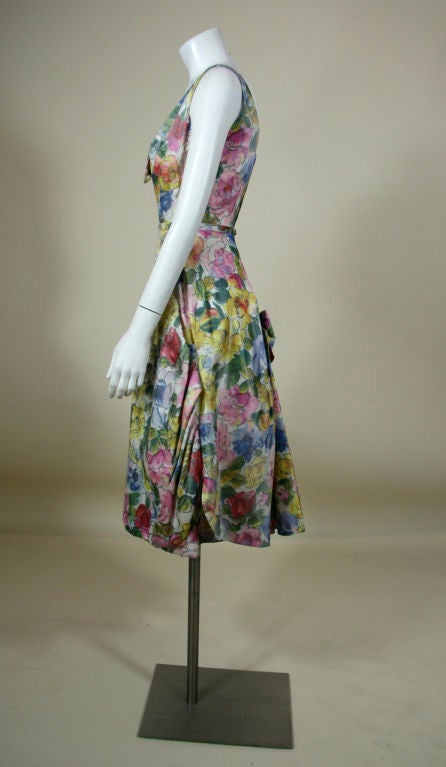 Adele Simpson 1950's Floral Chiné Silk Taffeta Cocktail Dress