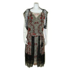 1920s Printed Silk Chiffon and Lace Dress