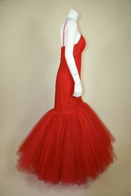 1950s Red Tulle Fishtail Gown 2