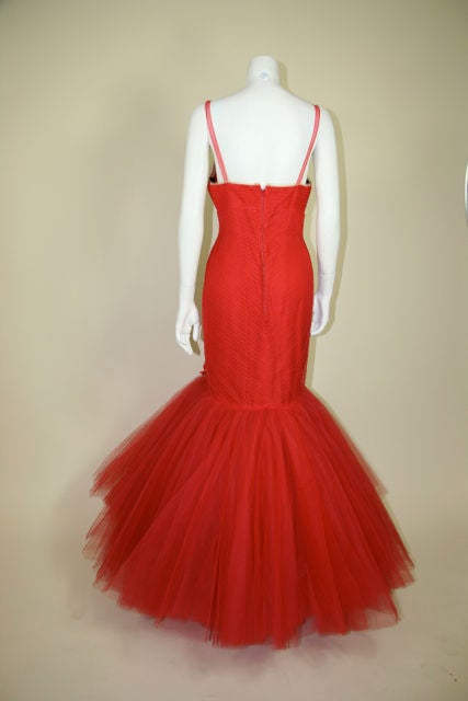 1950s Red Tulle Fishtail Gown 3