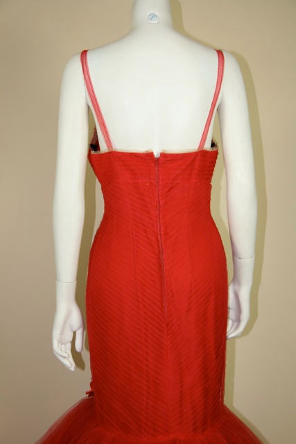 1950s Red Tulle Fishtail Gown 6