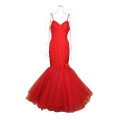 1950s Red Tulle Fishtail Gown
