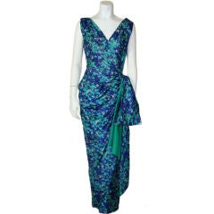 Vintage Jean Dessès Blue & Green Watercolor Floral Print Silk Gown